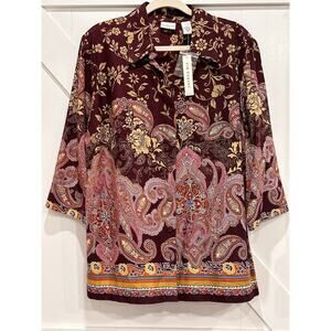 NWT Kim Paisley Burgundy Pink Button Front Blouse Three Quarter Sleeves Sz 1X
